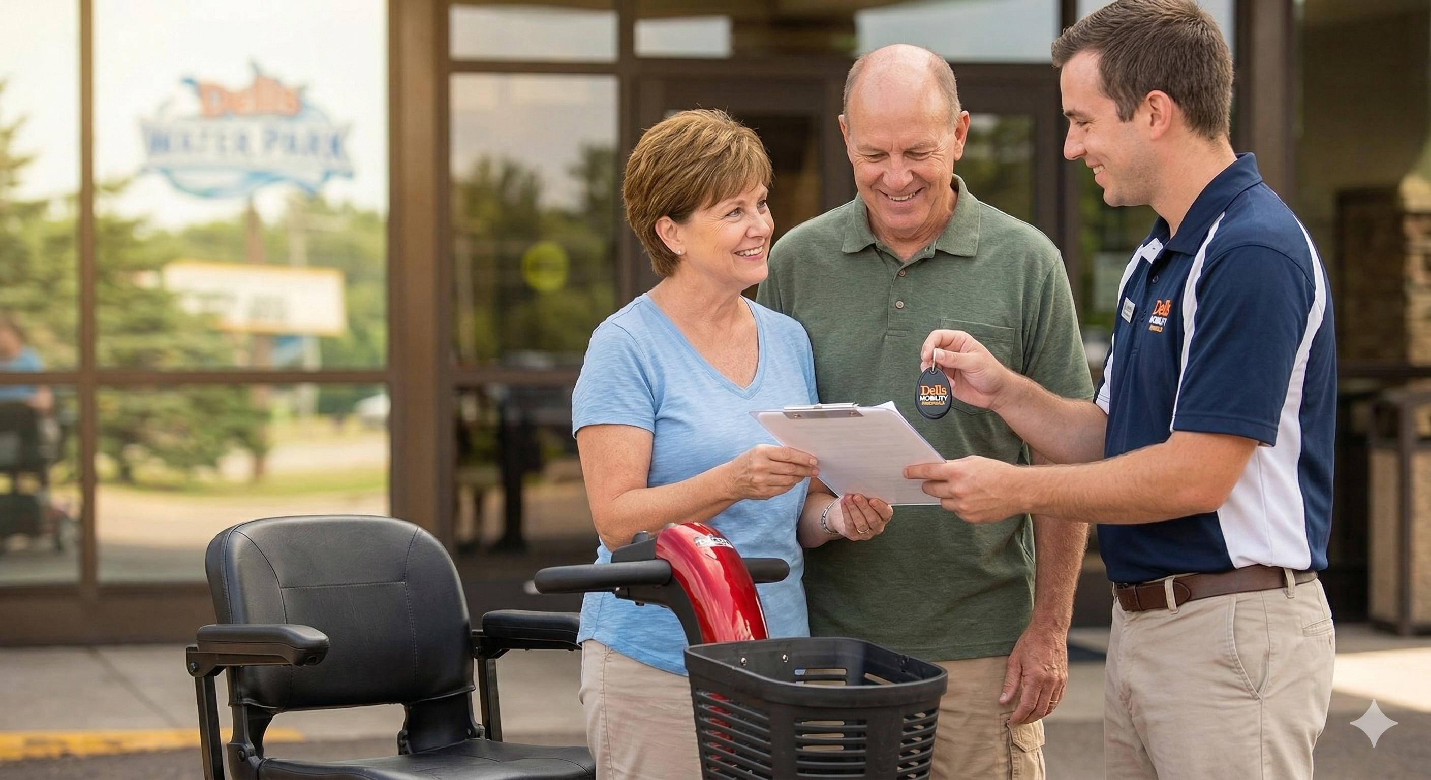 Dells Mobility staff handing keys to happy customers at a Wisconsin Dells water park