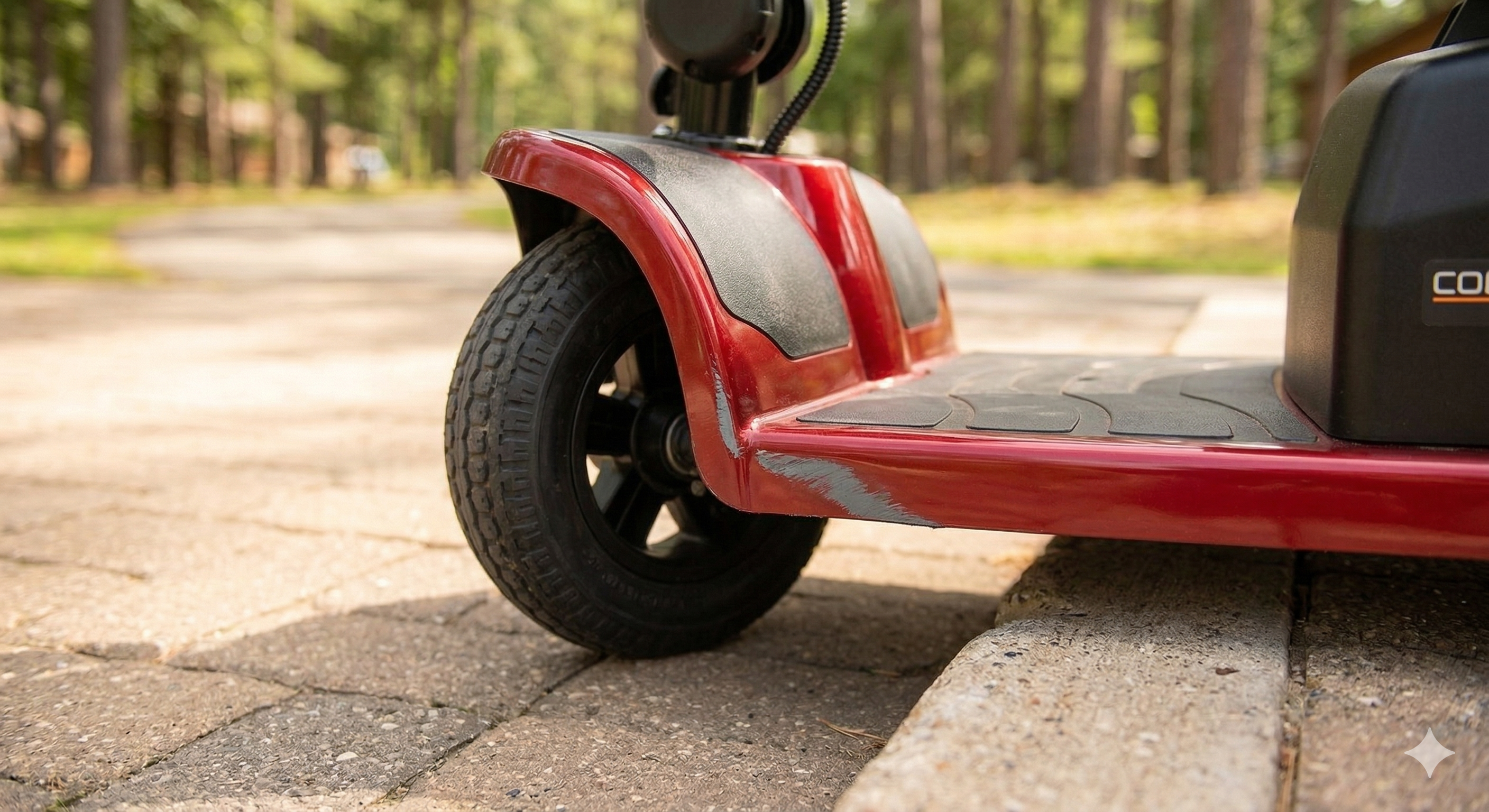 Close-up of scooter showing minor cosmetic wear